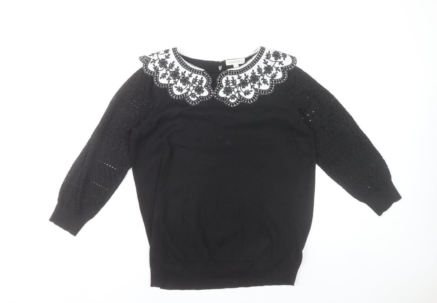 Monsoon Women’s Black Embroidered Pullover Jumper M 3/4 Sleeve