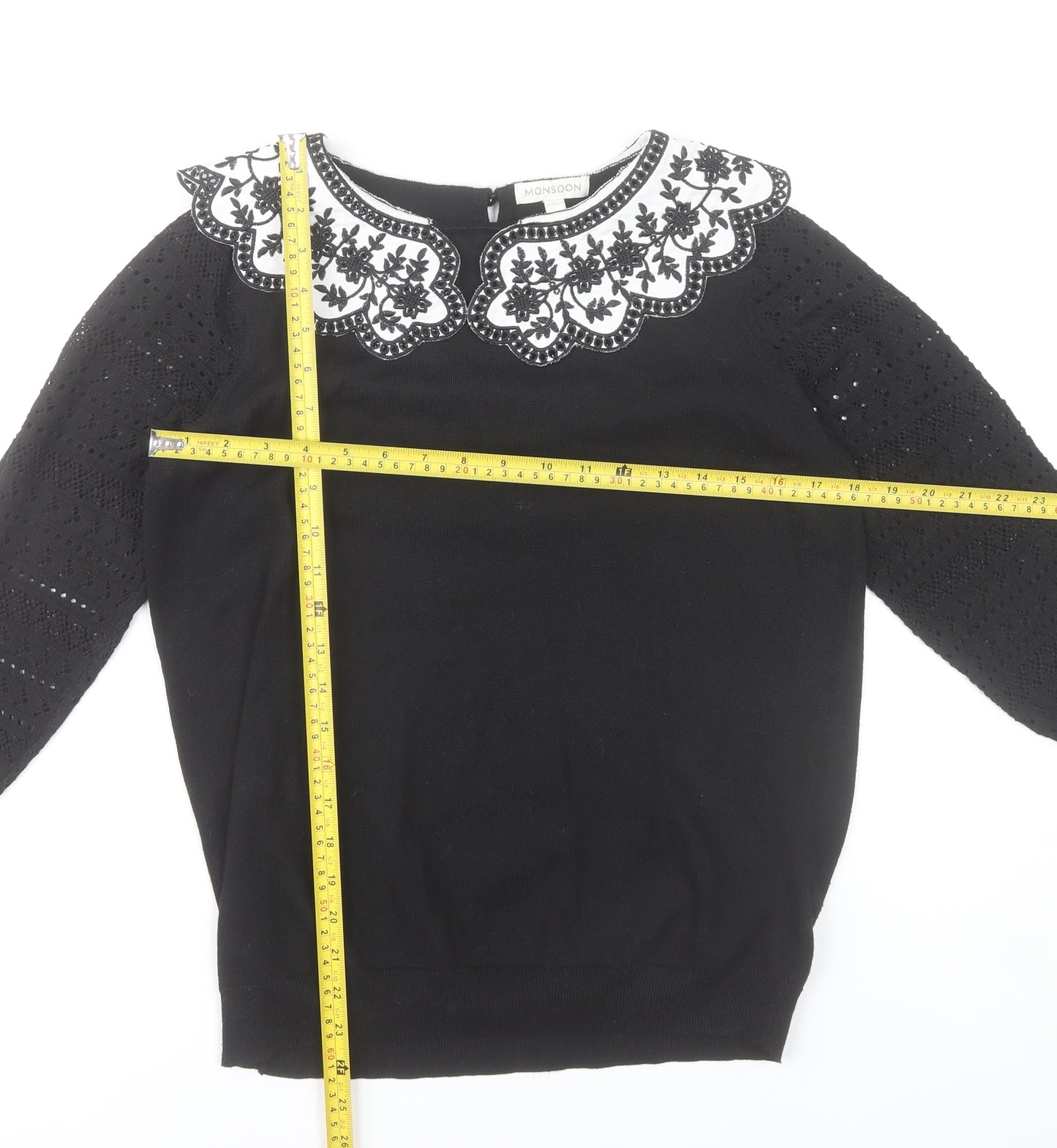 Monsoon Women’s Black Embroidered Pullover Jumper M 3/4 Sleeve