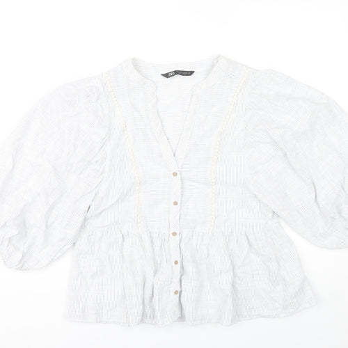 Zara Women White Striped Puff Sleeve Tunic Blouse Size S