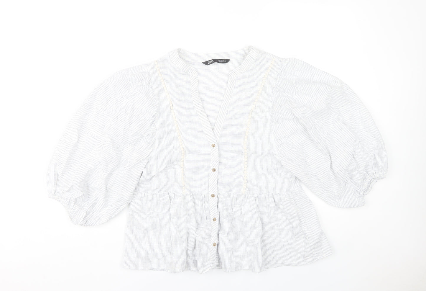Zara Women White Striped Puff Sleeve Tunic Blouse Size S