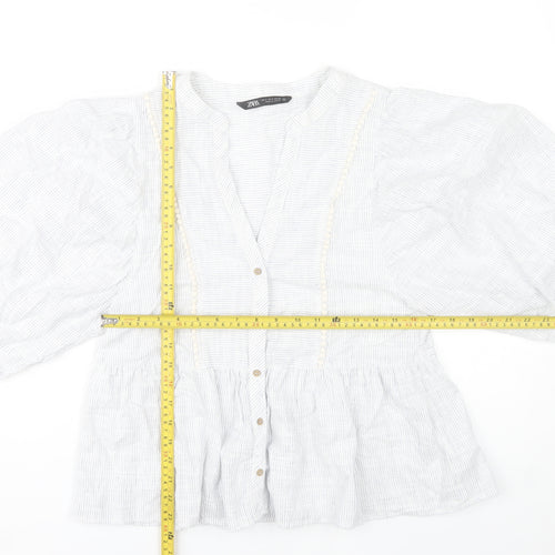 Zara Women White Striped Puff Sleeve Tunic Blouse Size S