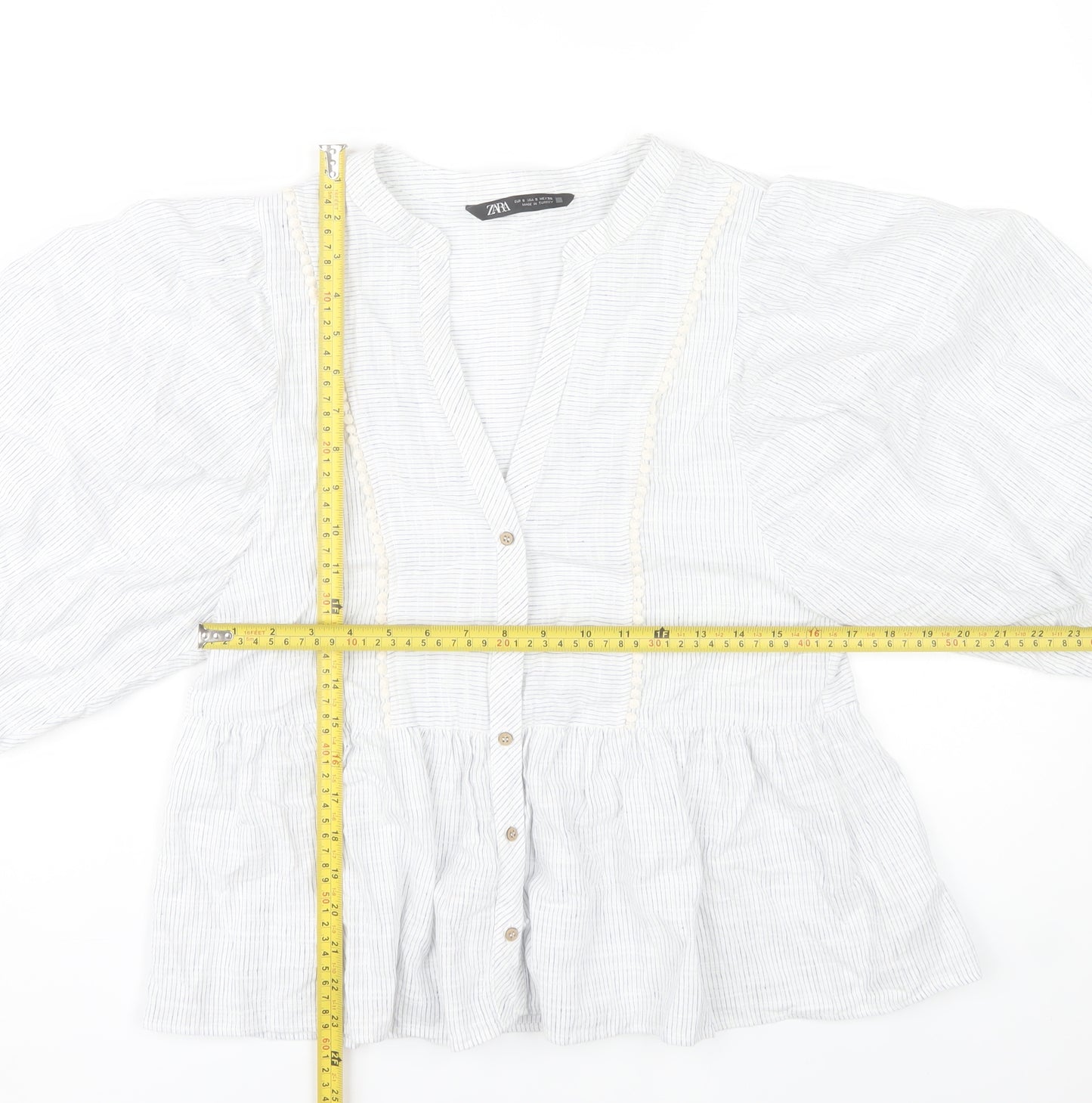 Zara Women White Striped Puff Sleeve Tunic Blouse Size S