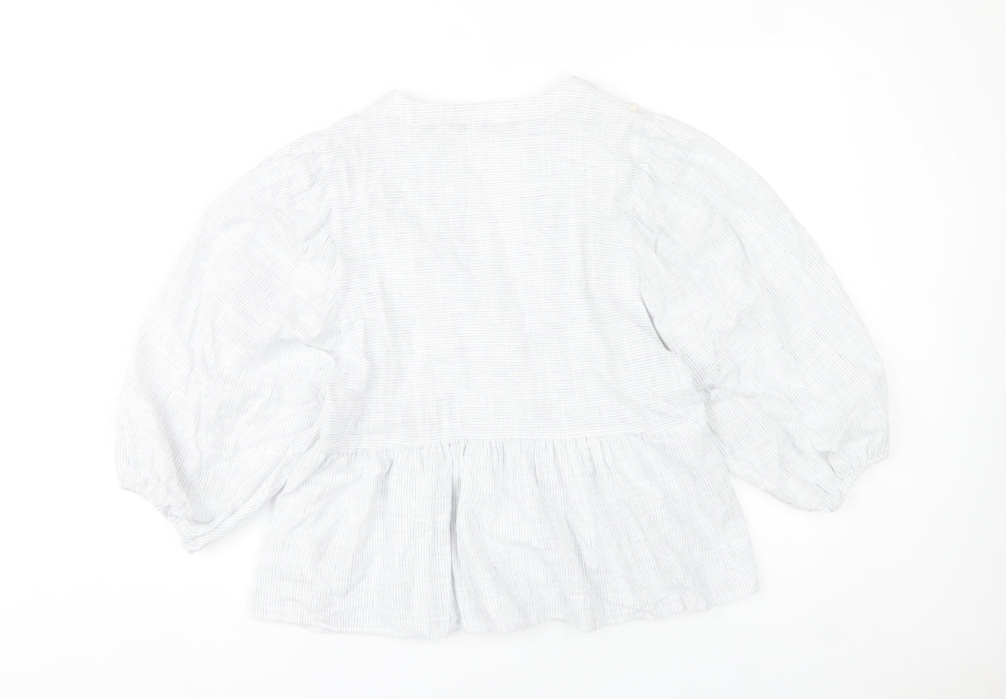 Zara Women White Striped Puff Sleeve Tunic Blouse Size S
