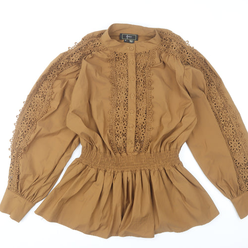 Faina Women’s Brown Lace Detail Tunic Blouse Size M Long Sleeve