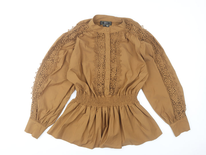 Faina Women’s Brown Lace Detail Tunic Blouse Size M Long Sleeve