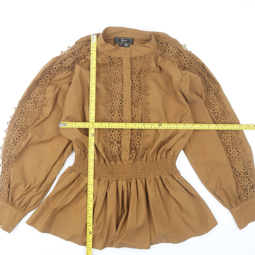 Faina Women’s Brown Lace Detail Tunic Blouse Size M Long Sleeve
