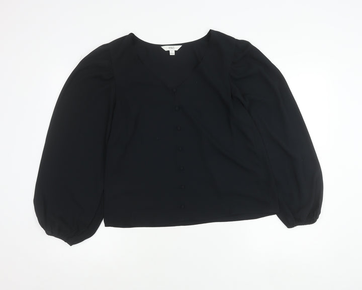 Marks and Spencer Womens Black Size 12 V-Neck Blouse Long Sleeve