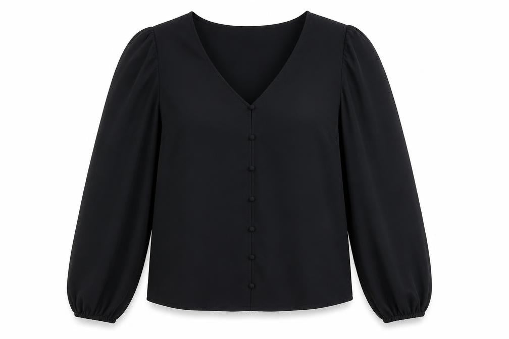 Front view of Marks & Spencer women’s black, size UK 12, v-neck blouse long sleeve