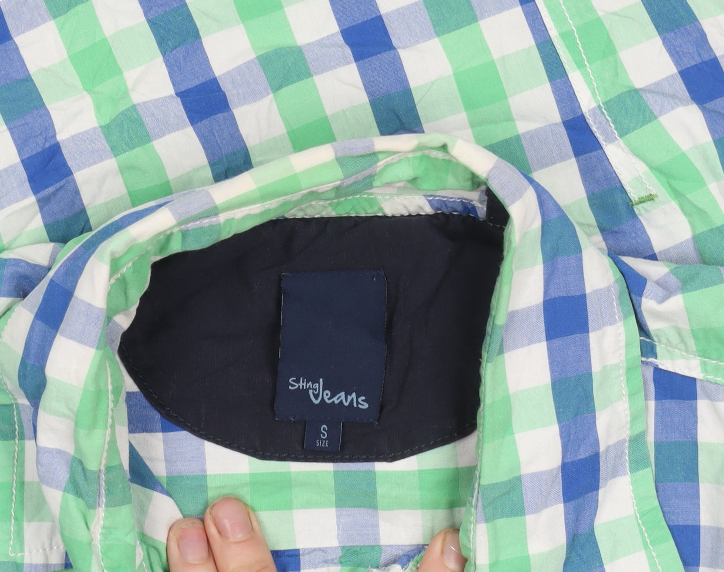 Sting Jeans Men's Blue Green Check Cotton Shirt Size S Long Sleeve