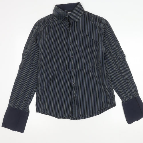 French Connection Men's Blue Striped Cotton Button-Up Shirt M