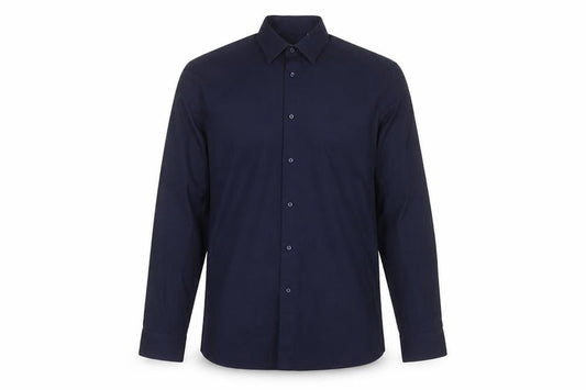 Front view of Next Men’s Navy Blue Slim Fit Long Sleeve Shirt, size 17, 43cm