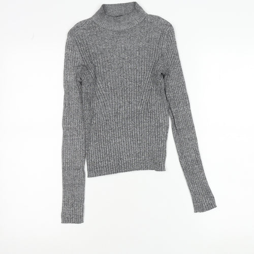 Bershka Women Grey Slim Fit Mock Neck Ribbed Knit Jumper Size S