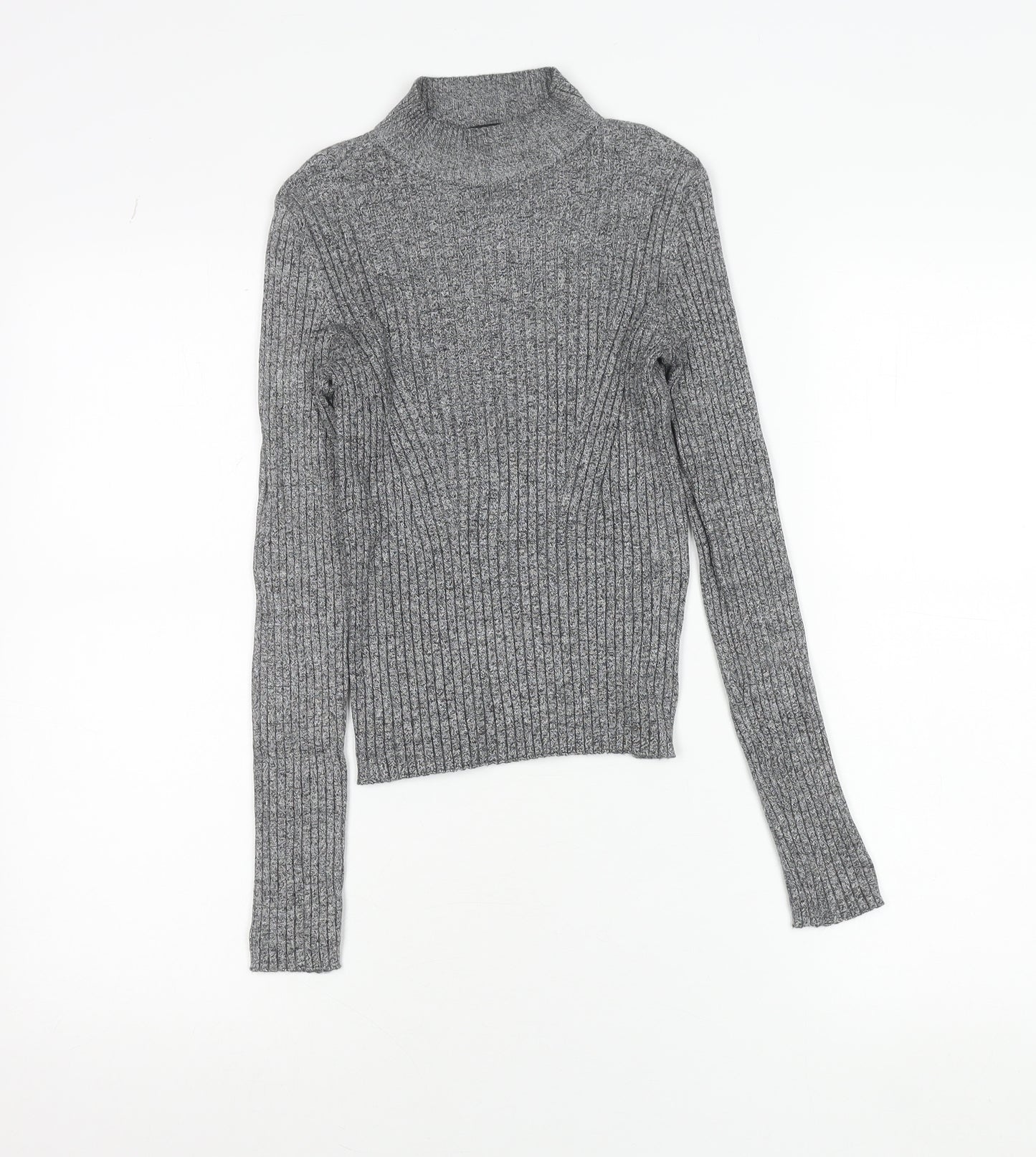 Bershka Women Grey Slim Fit Mock Neck Ribbed Knit Jumper Size S