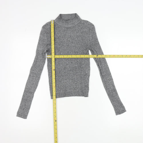 Bershka Women Grey Slim Fit Mock Neck Ribbed Knit Jumper Size S
