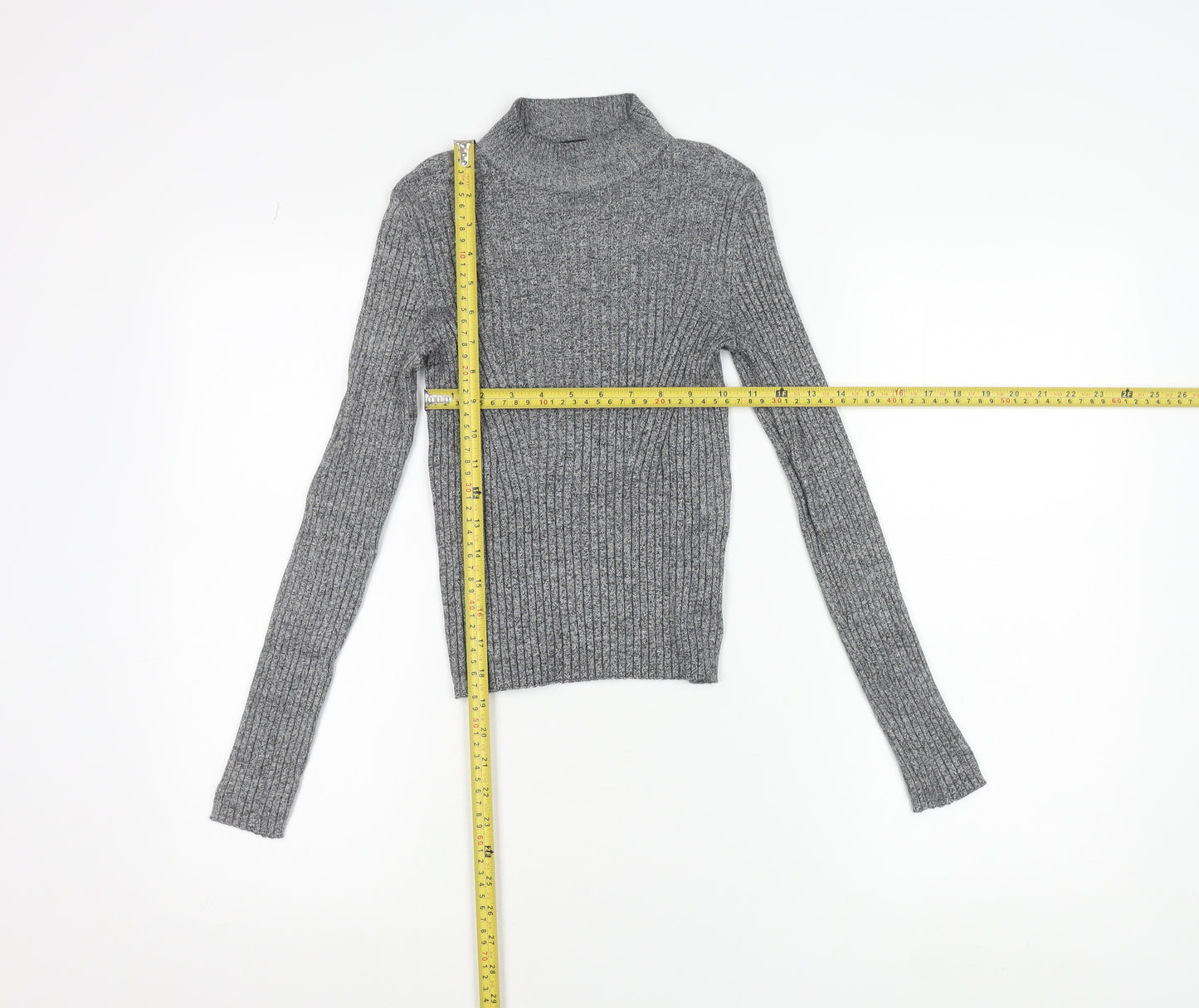 Bershka Women Grey Slim Fit Mock Neck Ribbed Knit Jumper Size S