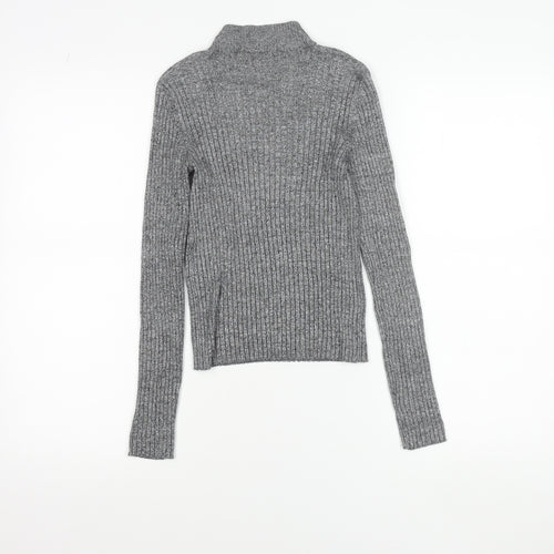 Bershka Women Grey Slim Fit Mock Neck Ribbed Knit Jumper Size S