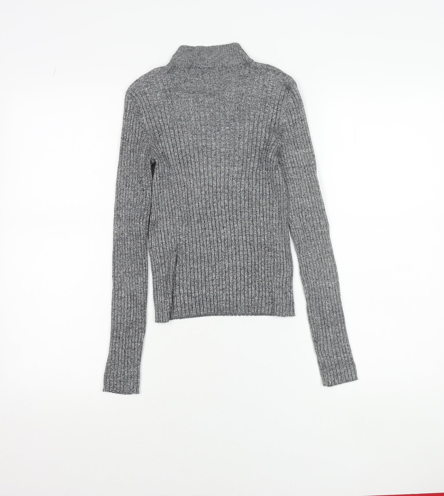 Bershka Women Grey Slim Fit Mock Neck Ribbed Knit Jumper Size S