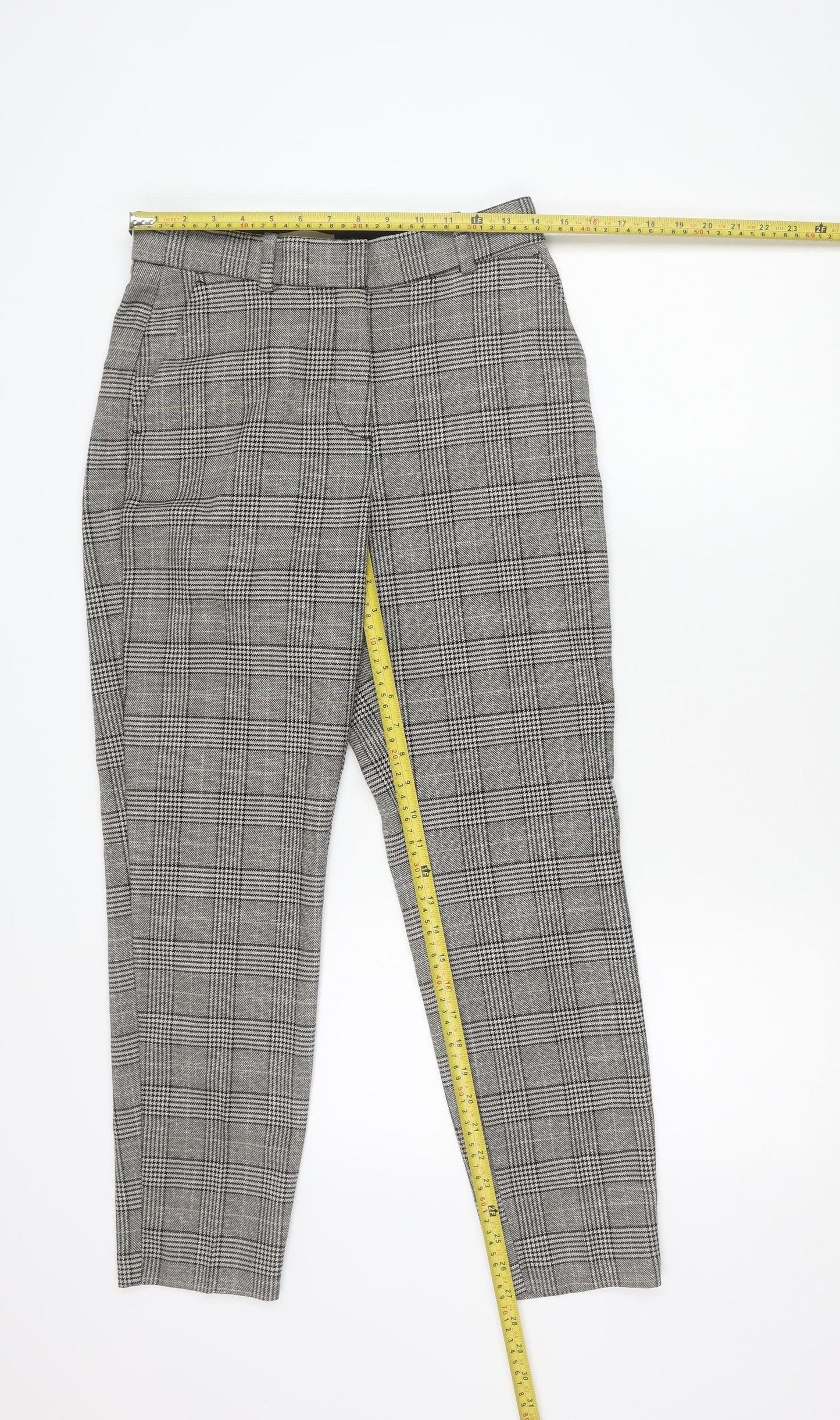 H&M Women Grey Check Slim Chino Trousers Size 10
