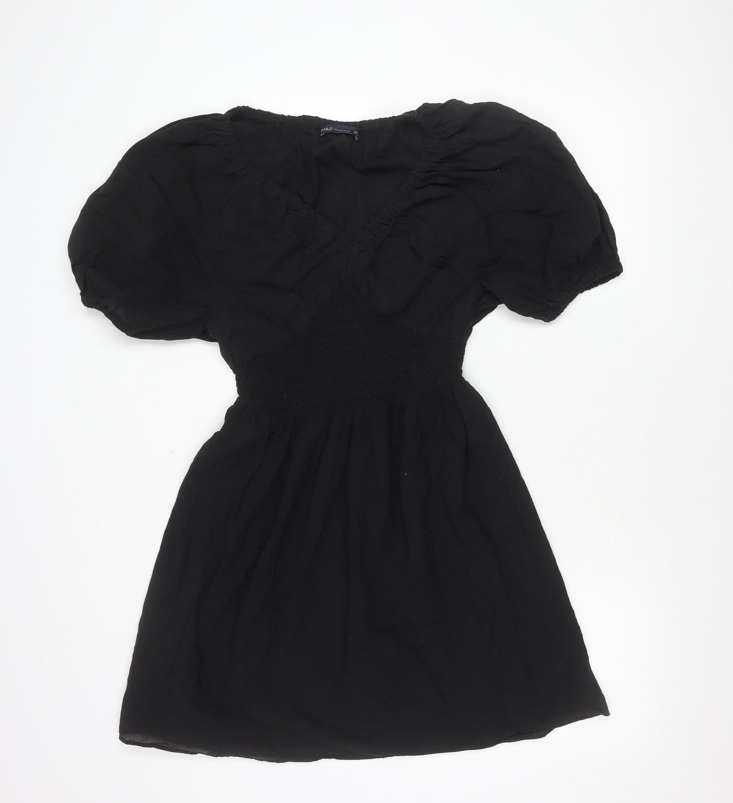 Marks and Spencer Womens Black Cotton Puff Sleeve Smocked Dress Size 10