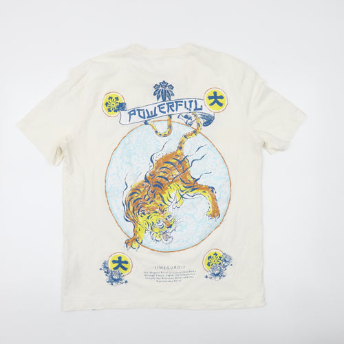 Bershka Men White Graphic Tiger Print Cotton T-Shirt Size M