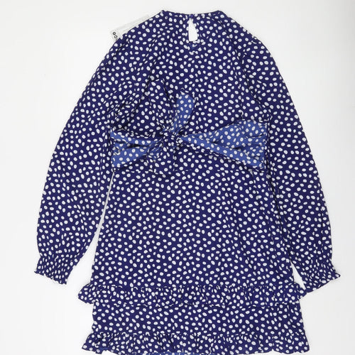 Boohoo Womens Blue Polka Dot Ruffle Wrap Dress Size 8