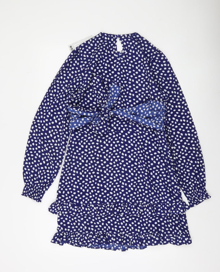 Boohoo Womens Blue Polka Dot Ruffle Wrap Dress Size 8