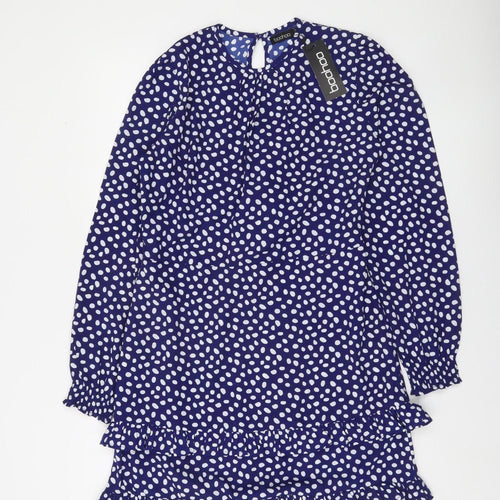 Boohoo Womens Blue Polka Dot Ruffle Wrap Dress Size 8