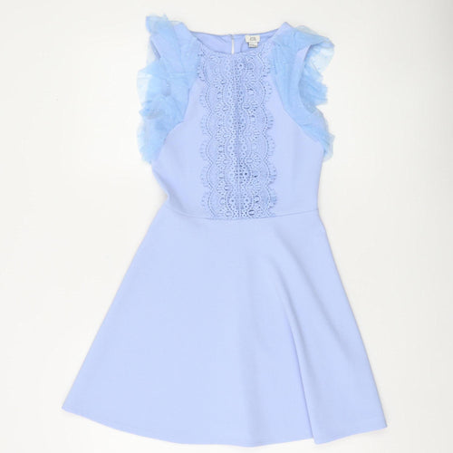 River Island Girls Blue Lace Fit & Flare Party Dress 11-12 Years Flutter Sleeves