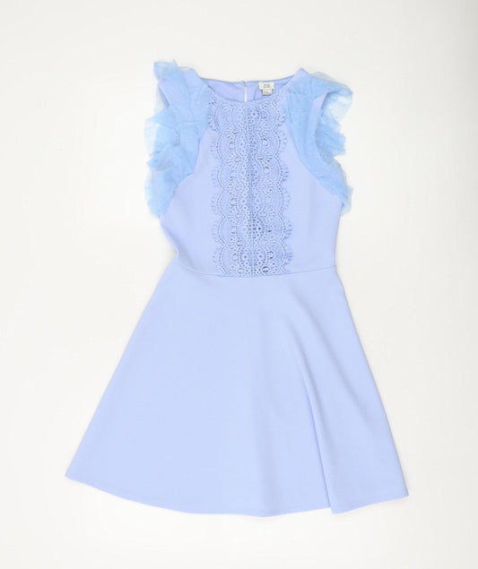 River Island Girls Blue Lace Fit & Flare Party Dress 11-12 Years Flutter Sleeves