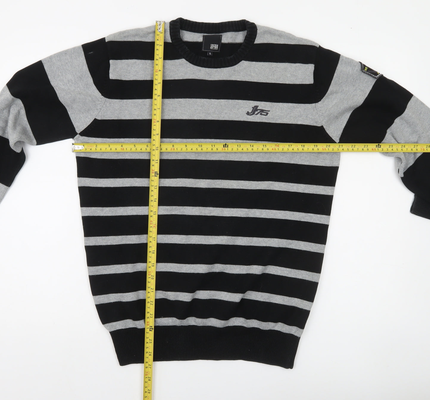 Jack & Jones Mens Grey Black Striped Crew Neck Pullover Jumper XL