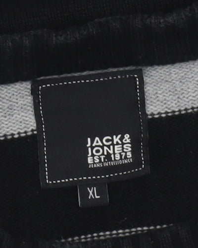 Jack & Jones Mens Grey Black Striped Crew Neck Pullover Jumper XL