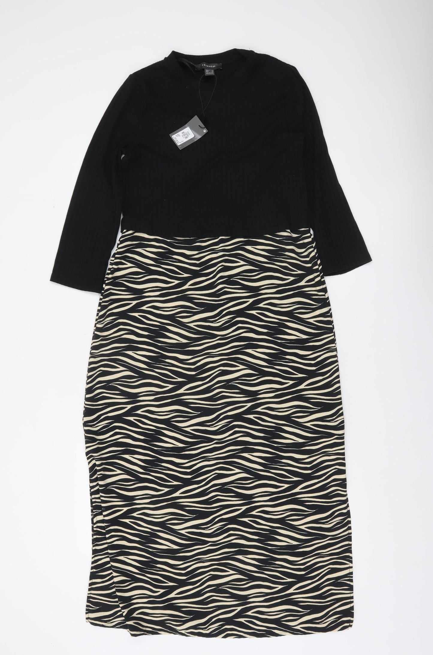 Primark Women’s Black Zebra Print Midi Bodycon Dress Size 6