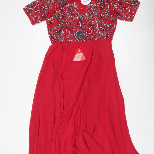 Amber Women's Red Beaded Embellished A-Line Midi Dress M