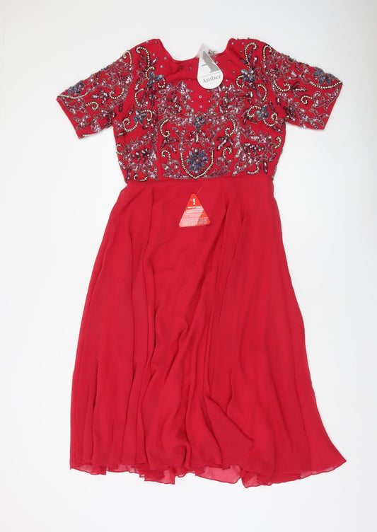 Amber Women's Red Beaded Embellished A-Line Midi Dress M