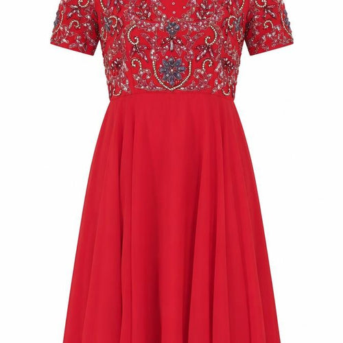 Amber Women's Red Beaded Embellished A-Line Midi Dress M