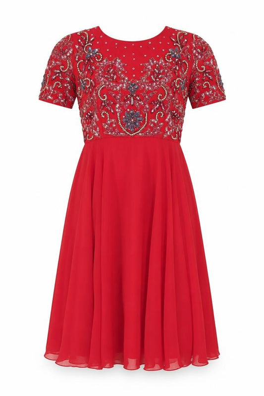 Amber Women's Red Beaded Embellished A-Line Midi Dress M