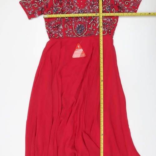 Amber Women's Red Beaded Embellished A-Line Midi Dress M