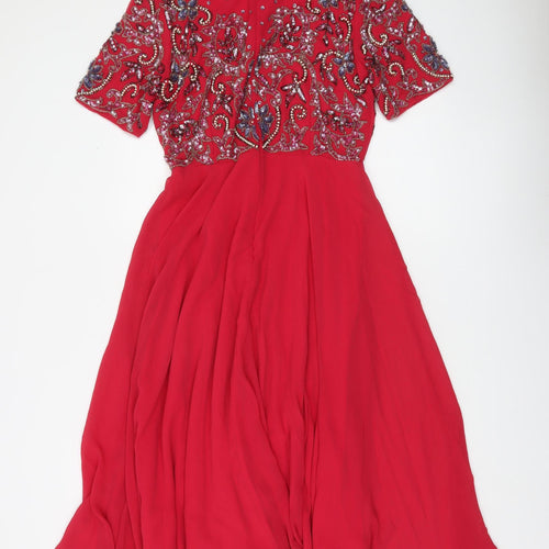 Amber Women's Red Beaded Embellished A-Line Midi Dress M