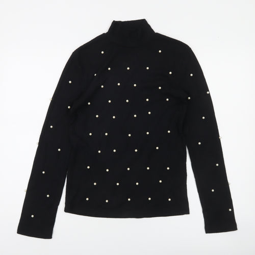 Stradivarius Women Black Beaded Mock Neck Long Sleeve Blouse Size 14