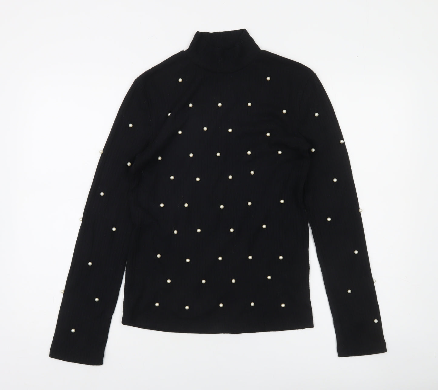 Stradivarius Women Black Beaded Mock Neck Long Sleeve Blouse Size 14