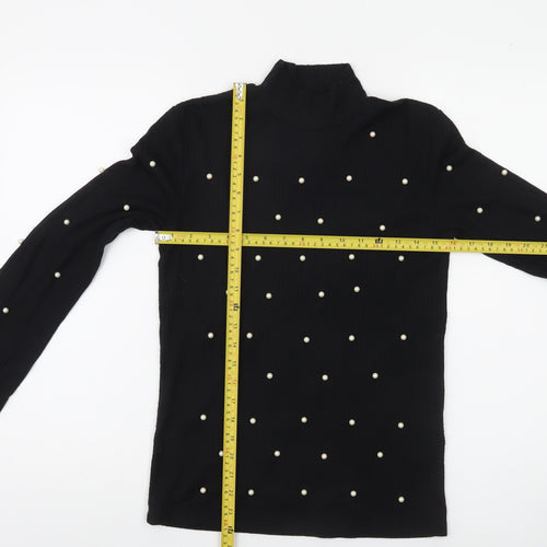 Stradivarius Women Black Beaded Mock Neck Long Sleeve Blouse Size 14