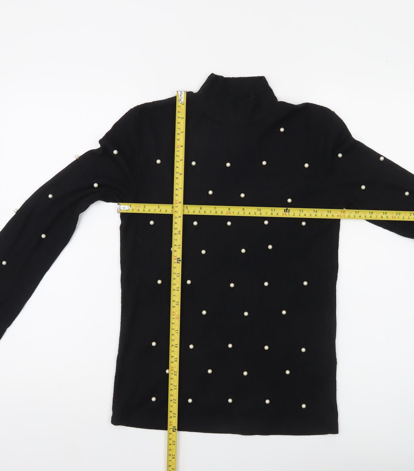 Stradivarius Women Black Beaded Mock Neck Long Sleeve Blouse Size 14
