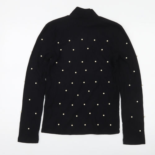 Stradivarius Women Black Beaded Mock Neck Long Sleeve Blouse Size 14