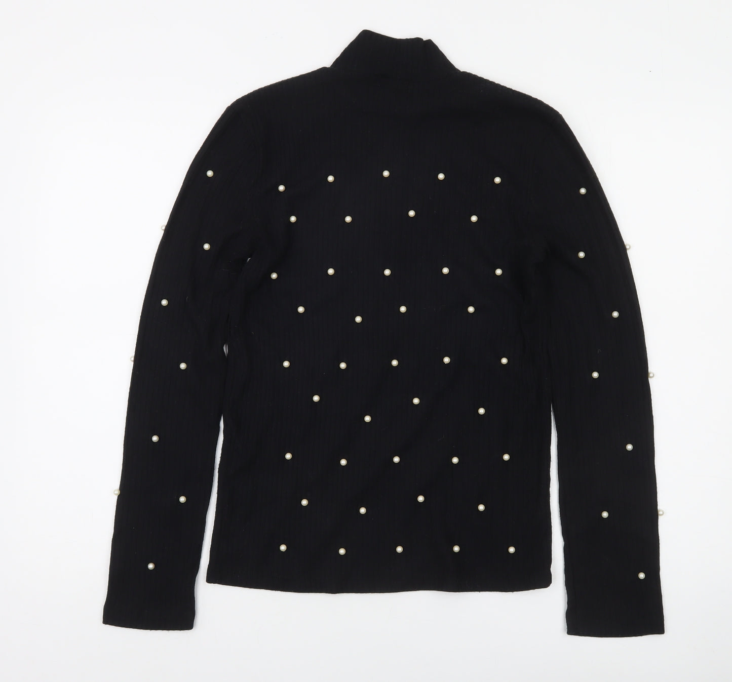 Stradivarius Women Black Beaded Mock Neck Long Sleeve Blouse Size 14