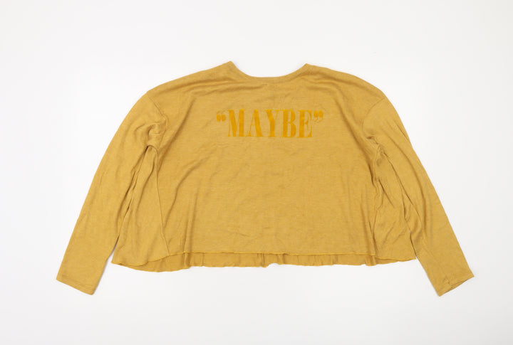 Bershka Women’s Yellow Long Sleeve Relaxed Fit Quote T-Shirt Size L