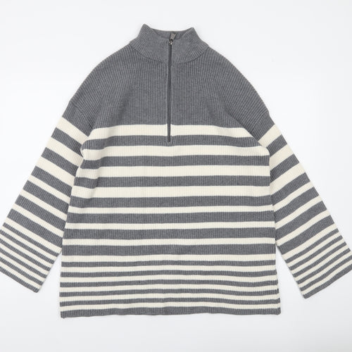 Dunnes Stores Women’s Grey Striped High Neck Half Zip Knit Jumper Size S
