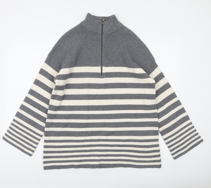 Dunnes Stores Women’s Grey Striped High Neck Half Zip Knit Jumper Size S
