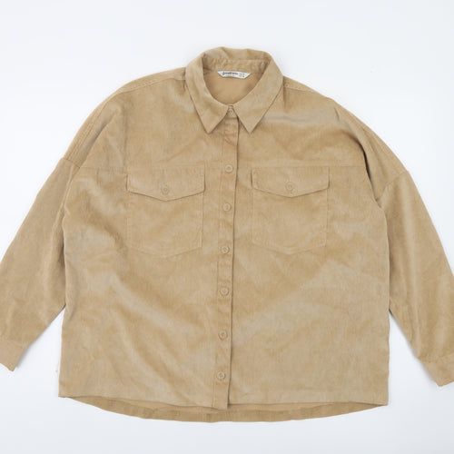 Stradivarius Women Beige Corduroy Button-Up Shirt Size S
