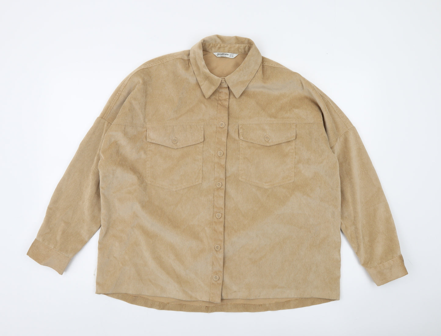 Stradivarius Women Beige Corduroy Button-Up Shirt Size S
