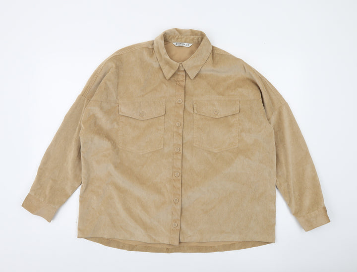 Stradivarius Women Beige Corduroy Button-Up Shirt Size S